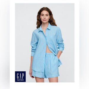 NWT NEW Gap Blue Striped Linen Blend Button Down + Shorts set